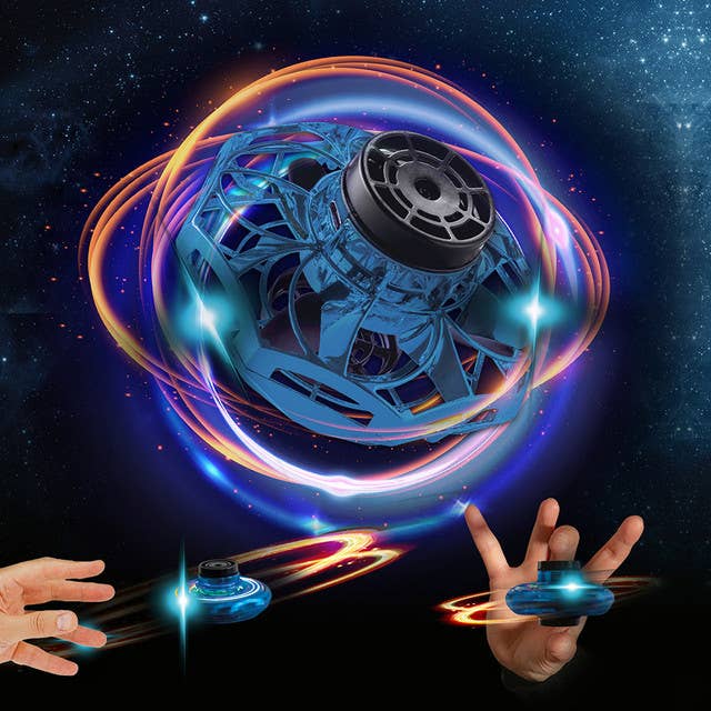 Glowing blue and orange vortex spinner with circular orbit and top mechanism