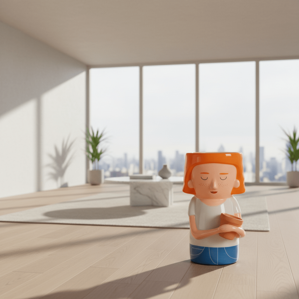Red-haired lady ceramic plant pot vase with mini planter, standing figure holding small pot