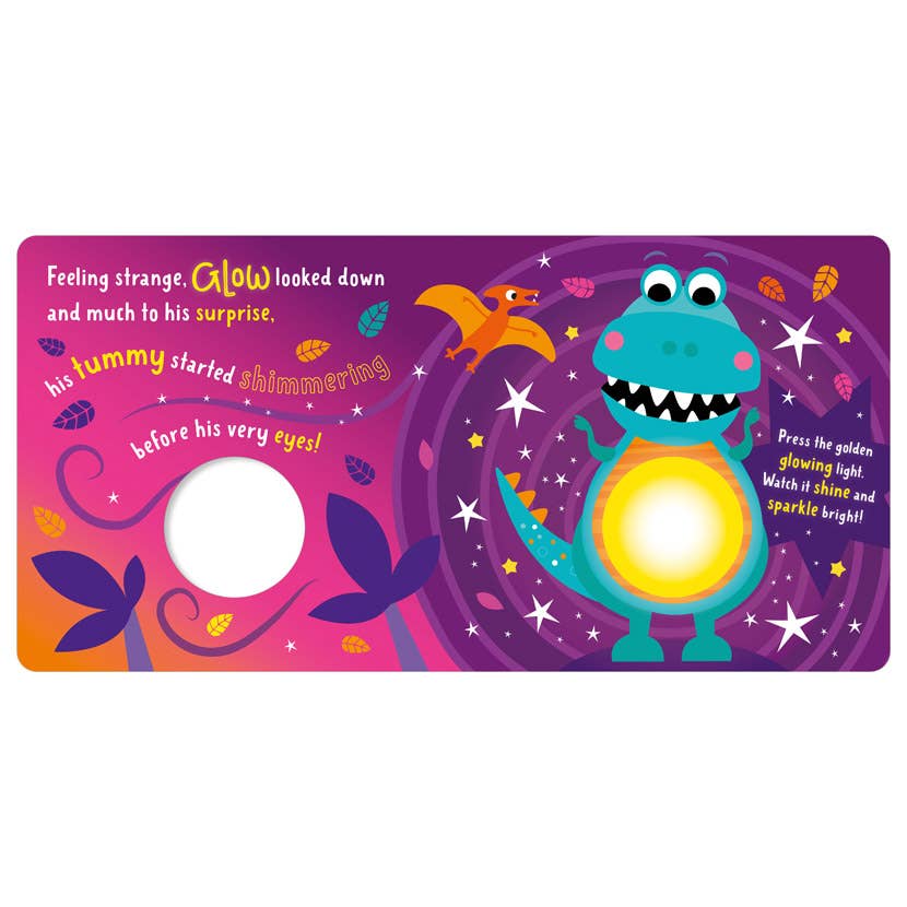 Glow-a-saurus dinosaur panel with glowing belly light and a left white cutout circle