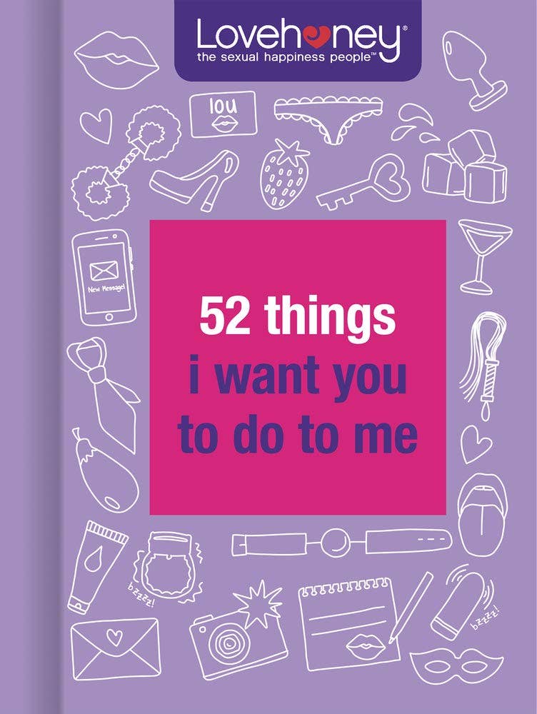 Couples gift book cover: Lovehoney logo, white icons, and pink '52 things I want you to do to me'