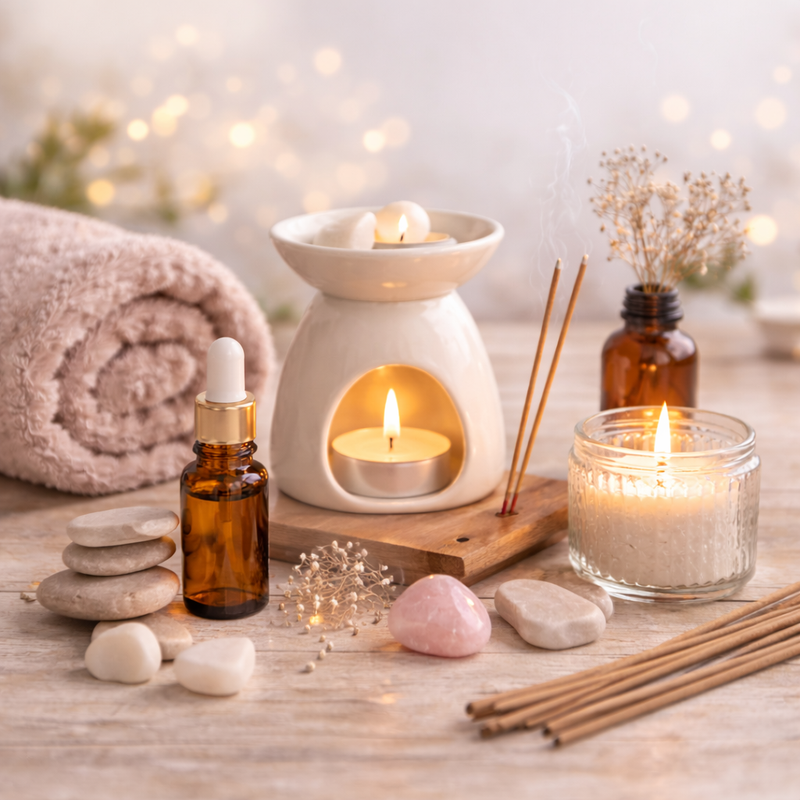 Calming self-care scene with oil burner, candle, incense sticks and essential oil bottles on a wooden surface