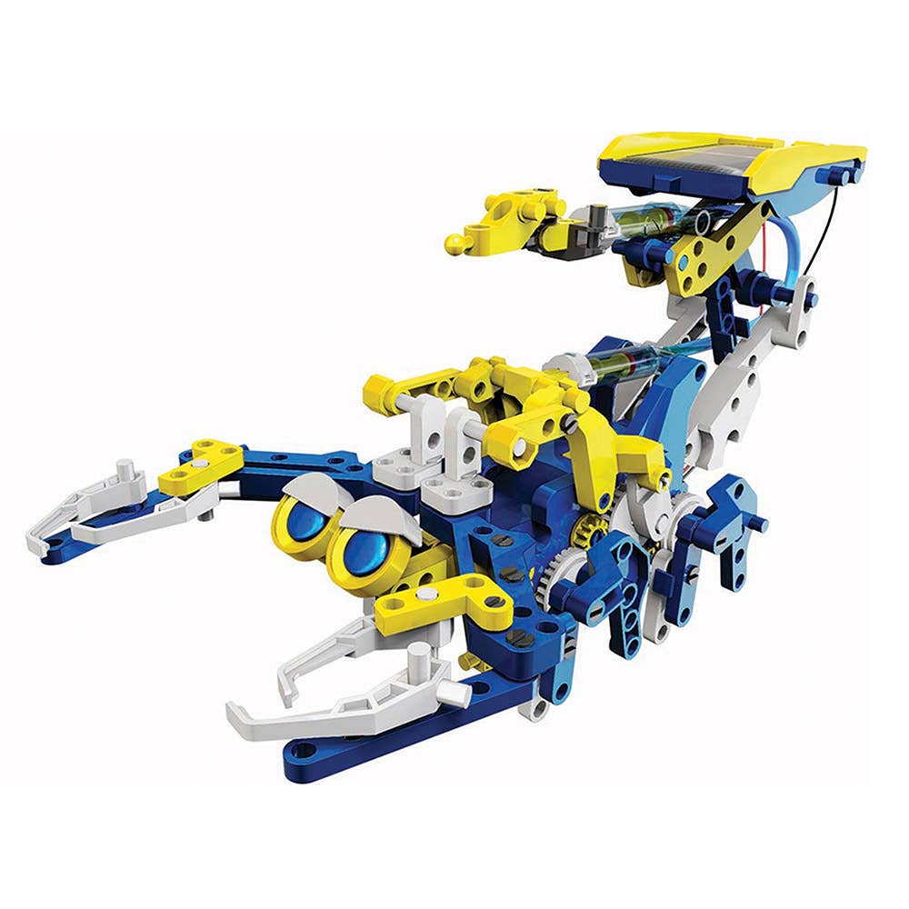 Solar hydraulic construction kit robot model with blue and yellow parts and articulated legs