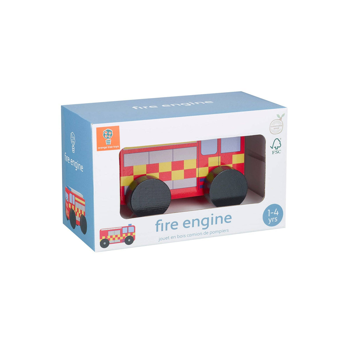 Wooden fire engine toy in retail box with window showing red truck and black wheels