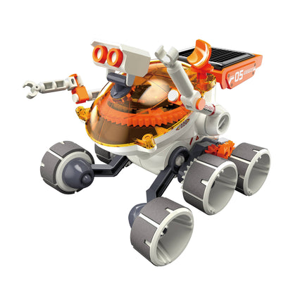 Solar rover robot model with four large gray wheels and orange energy details