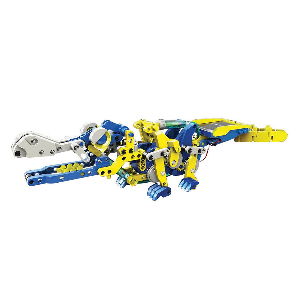 Solar hydraulic construction kit robot model with long white arms and yellow-blue body