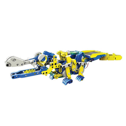 Solar hydraulic construction kit robot model with long white arms and yellow-blue body