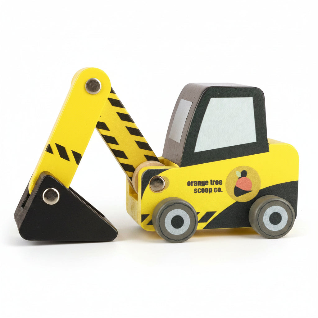 Toy excavator with black and yellow design on a white background