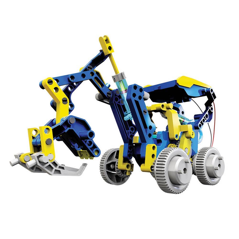 Solar hydraulic construction kit robot model with four large wheels and yellow-blue chassis