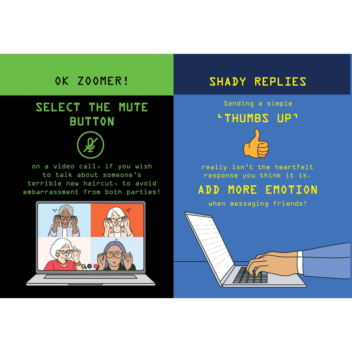 Opened novelty book showing illustrated pages about mute button and sending a "thumbs up".