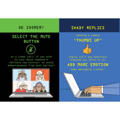 Opened novelty book showing illustrated pages about mute button and sending a "thumbs up".