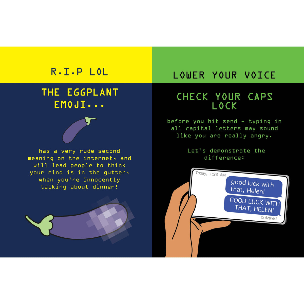 Opened novelty book with illustrated pages titled "R.I.P LOL" and "Check your caps lock".