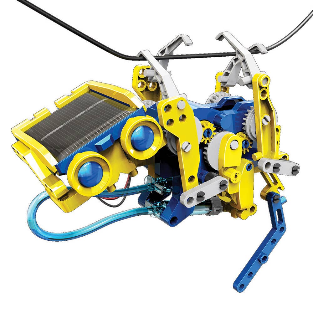 Solar hydraulic construction kit robot model with solar panel, yellow and blue body, cables