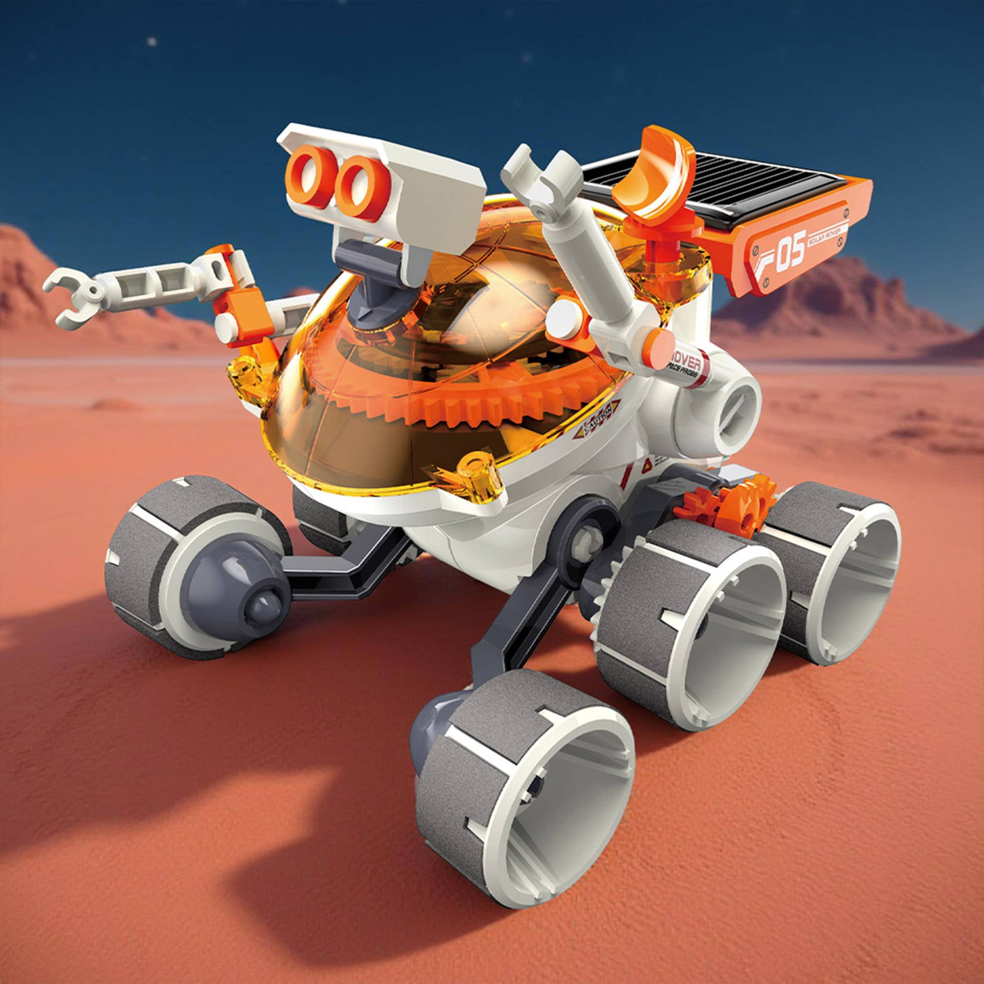 Solar rover robot model with orange wheel housings and solar panel top