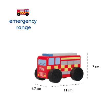Wooden fire engine toy red-and-yellow truck with black wheels and white size markers