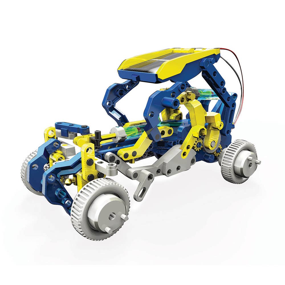 Solar hydraulic construction kit robotic chassis with yellow, blue and white components