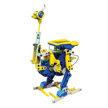 Solar hydraulic construction kit robot model with tall yellow arm and blue base frame