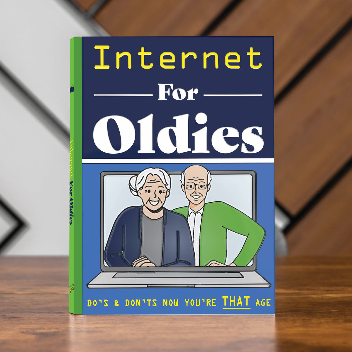 Novelty book "Internet For Oldies" cover with two seniors on a laptop, blue and green.