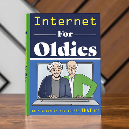 Novelty book "Internet For Oldies" cover with two seniors on a laptop, blue and green.