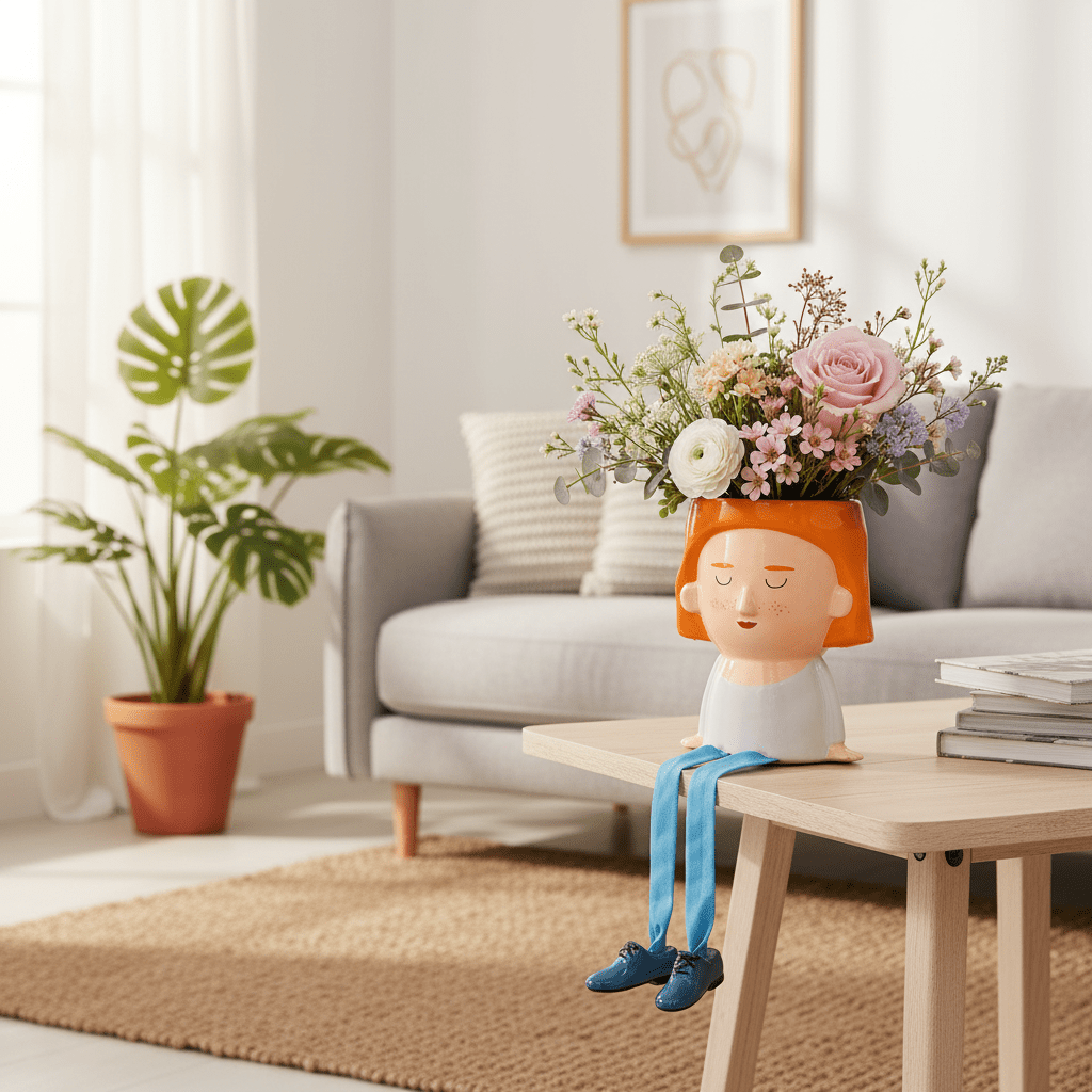 Flower bouquet in an orange hat planter figure with dangling legs and blue shoes