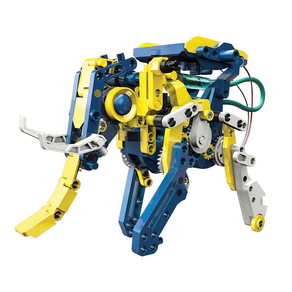 Solar hydraulic construction kit robot model with yellow and blue framework and gray arms