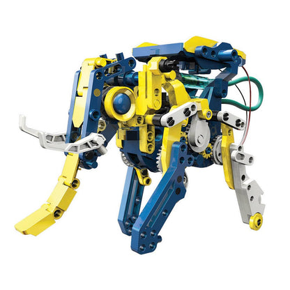 Solar hydraulic construction kit robot model with yellow and blue framework and gray arms
