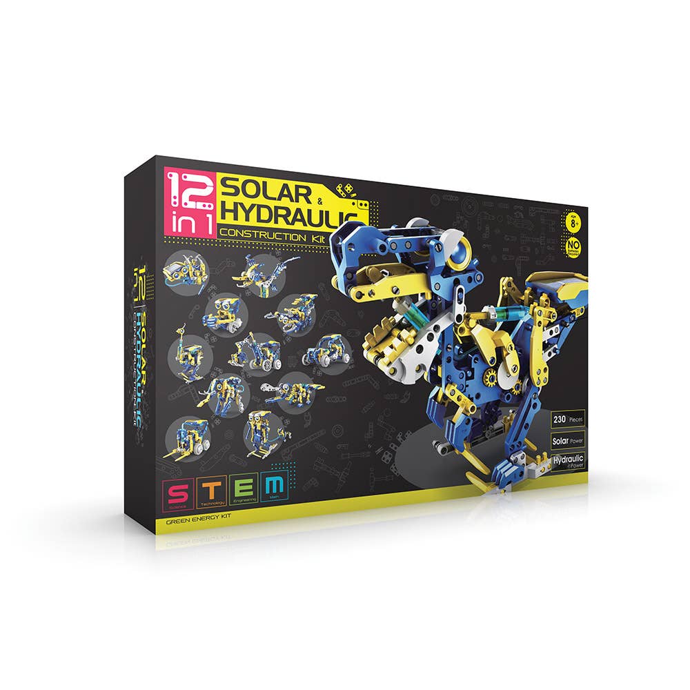 12-in-1 solar hydraulic construction kit packaging box with robot model images
