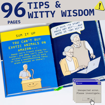 Opened novelty book page with "96 TIPS & WITTY WISDOM" and cartoon internet advice.