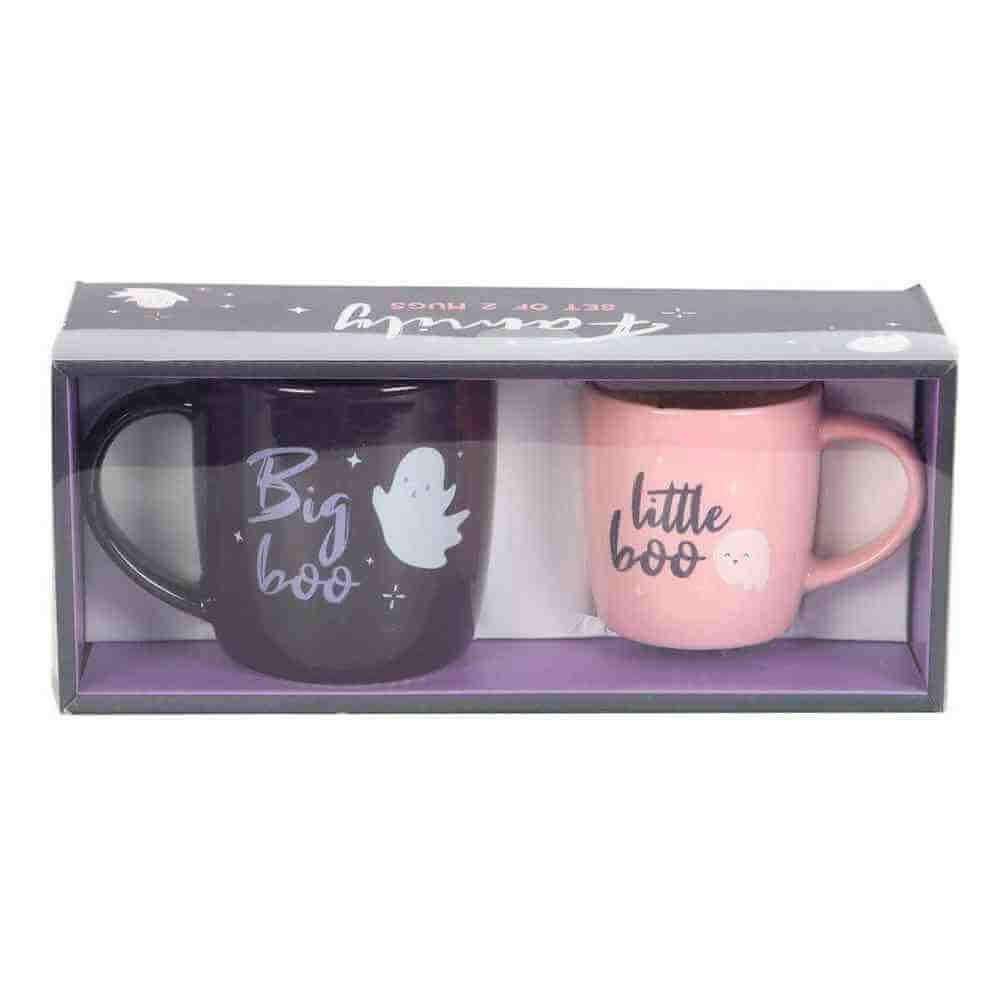 Two Halloween mugs in a gift box: dark purple “big boo” and pink “little boo”