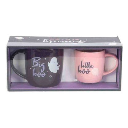 Two Halloween mugs in a gift box: dark purple “big boo” and pink “little boo”