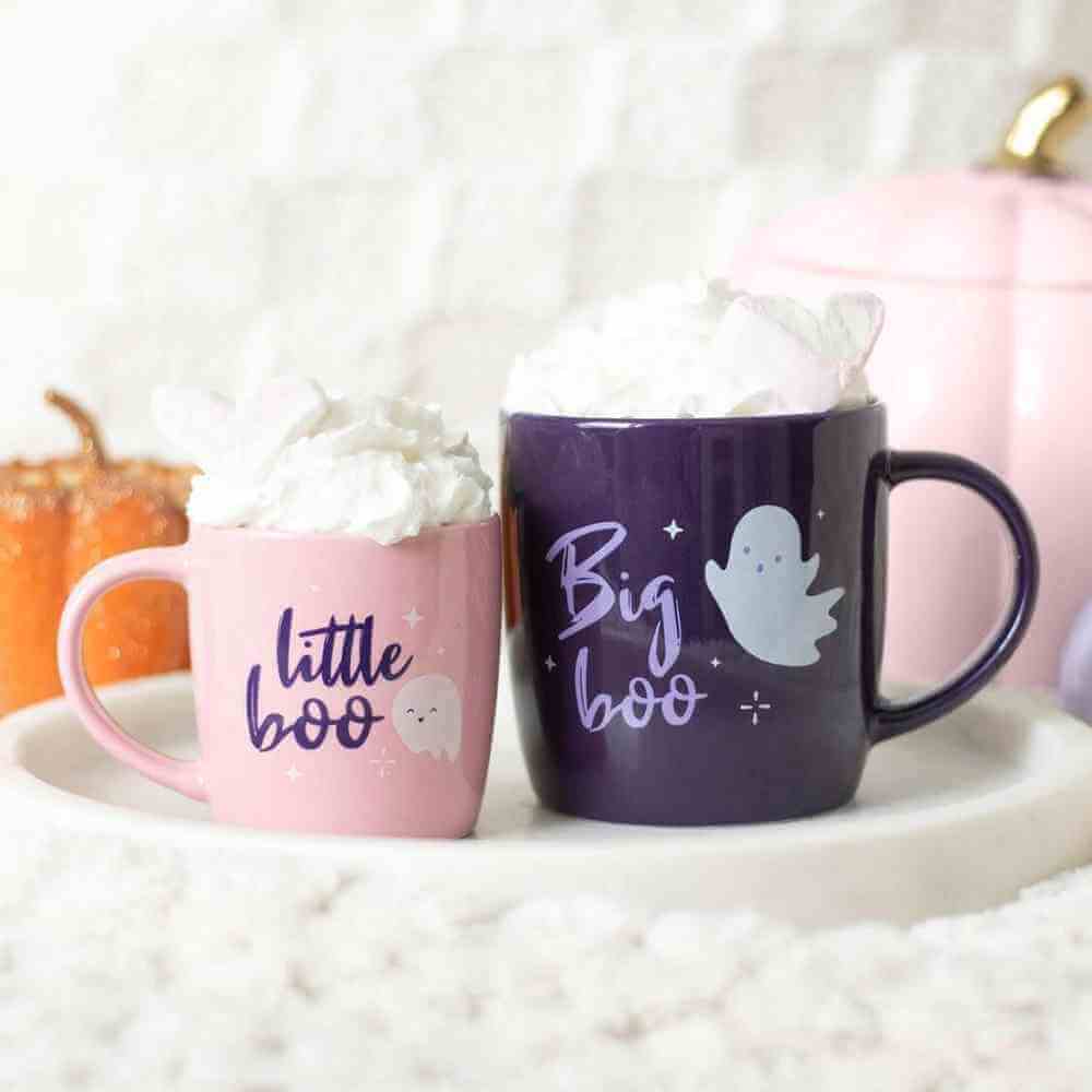 Halloween mug set of two: pink “little boo” mug and dark purple “big boo” mug