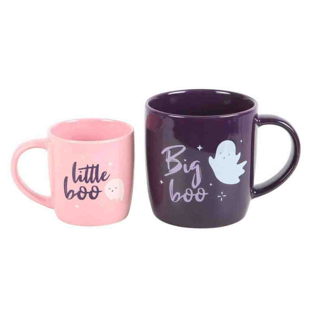 Two Halloween mugs on a plain background: pink “little boo” and dark purple “big boo”