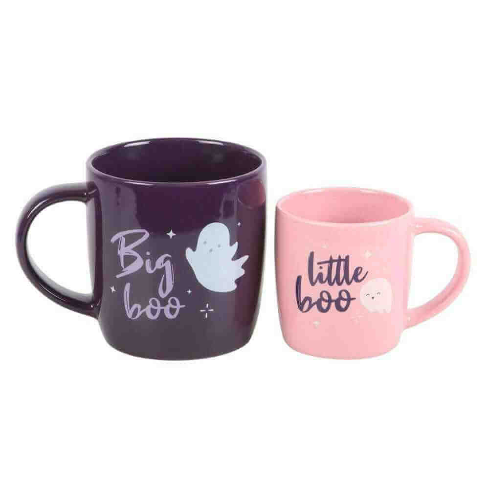 Halloween mug set, angled view: dark purple “big boo” and pink “little boo”