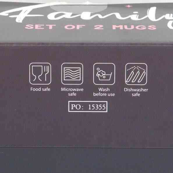 Box for set of 2 Halloween mugs with safety icons: food safe, microwave safe, wash before use