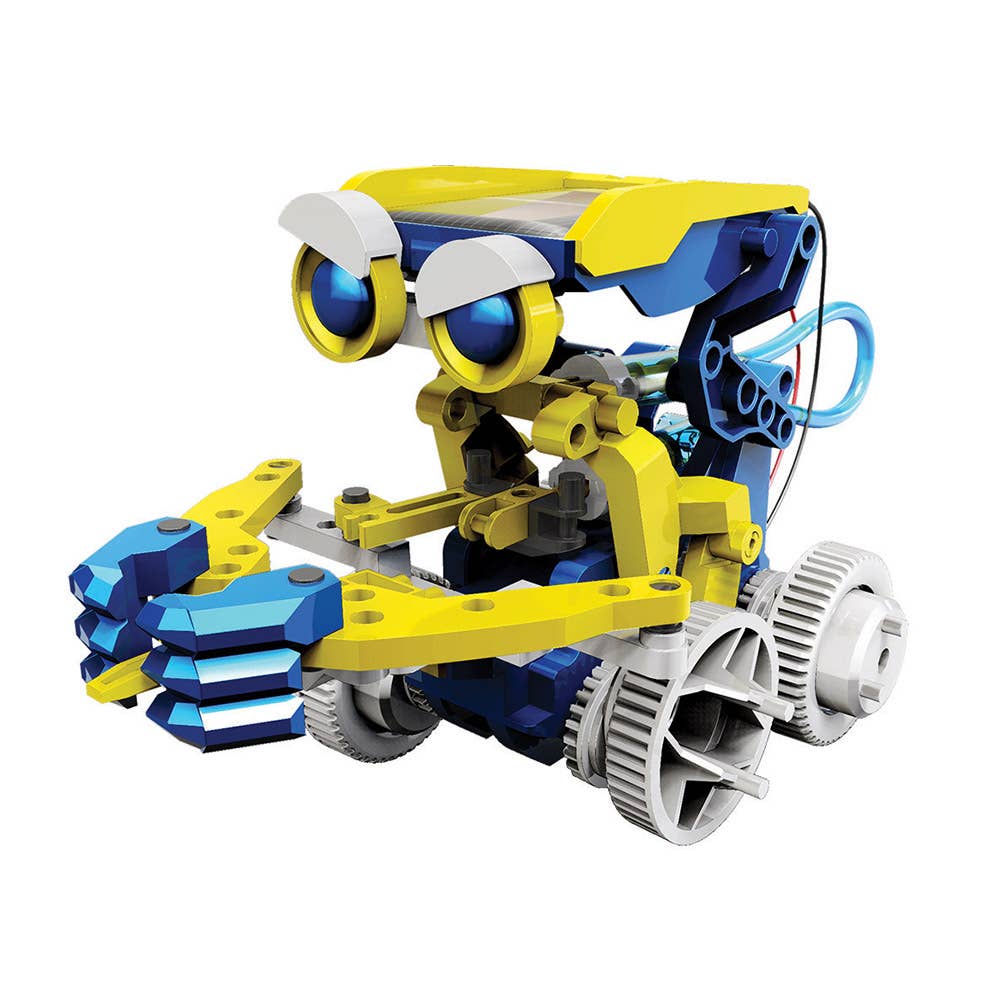 Solar hydraulic construction kit with compact yellow-blue robot arm and solar panel