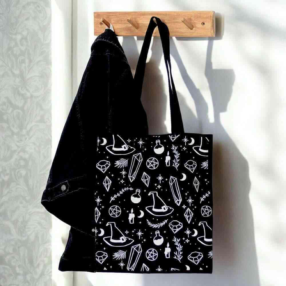 Crystal Witch Print Polycotton Tote Bag for Daily Use Tote Bags Spirit of equinox Quirky Turkey Gifts