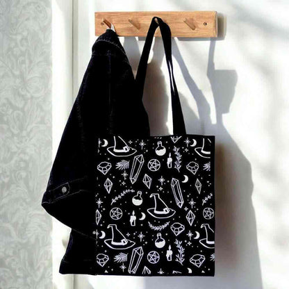Crystal Witch Print Polycotton Tote Bag for Daily Use Tote Bags Spirit of equinox Quirky Turkey Gifts