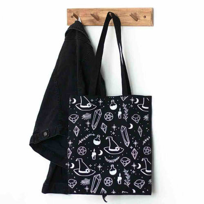 Crystal Witch Print Polycotton Tote Bag for Daily Use Tote Bags Spirit of equinox Quirky Turkey Gifts