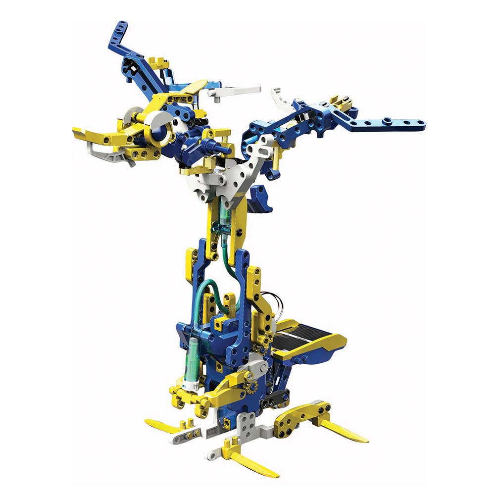 Solar hydraulic construction kit robot model with yellow, blue, and white parts, standing