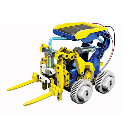 Solar hydraulic construction kit robot build on four wheels, yellow and blue