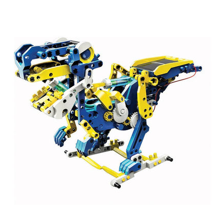 Solar hydraulic construction kit robot model posed with yellow and blue joints and feet