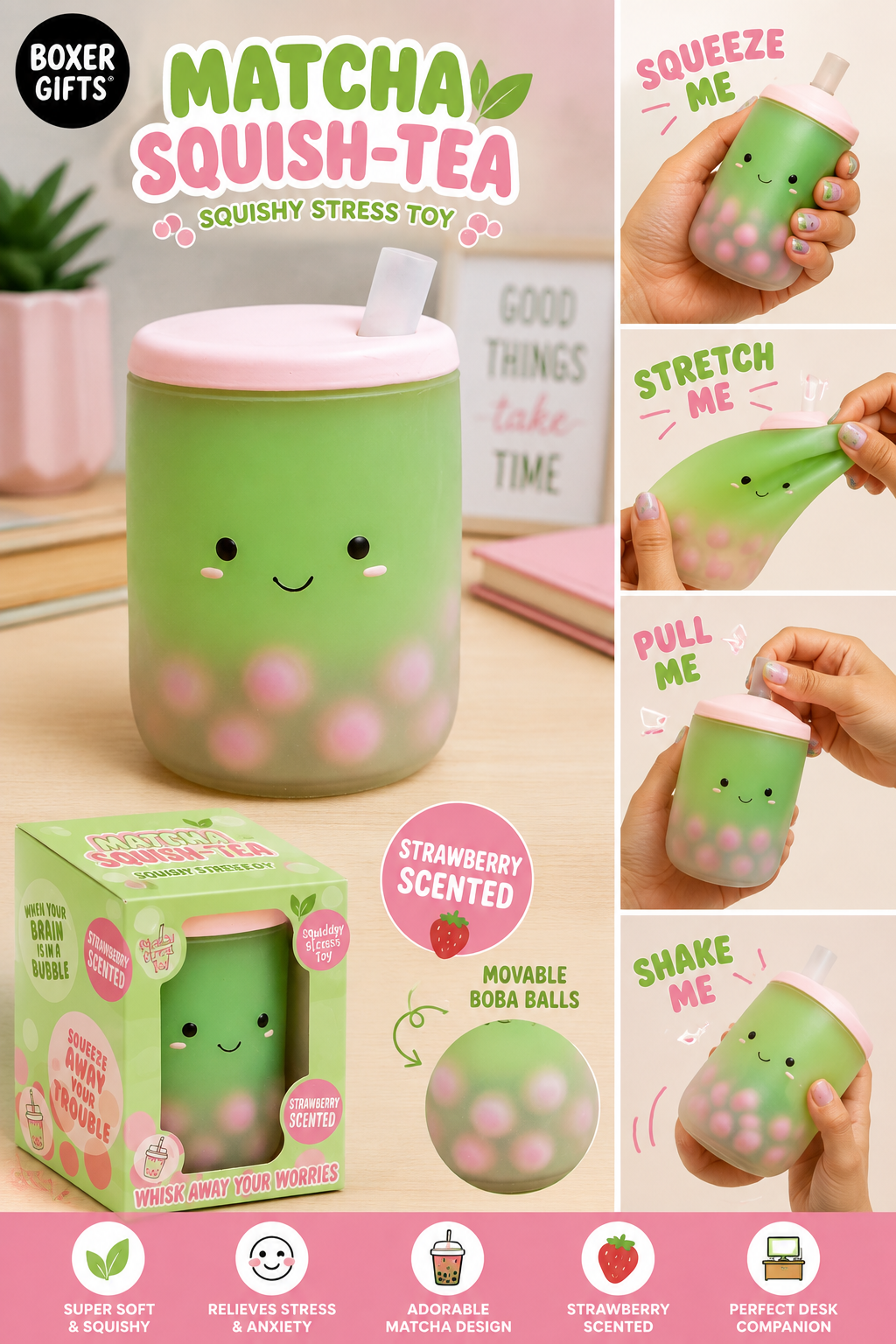 Matcha Squish-Tea Strawberry Scented Boba Squishy Toy