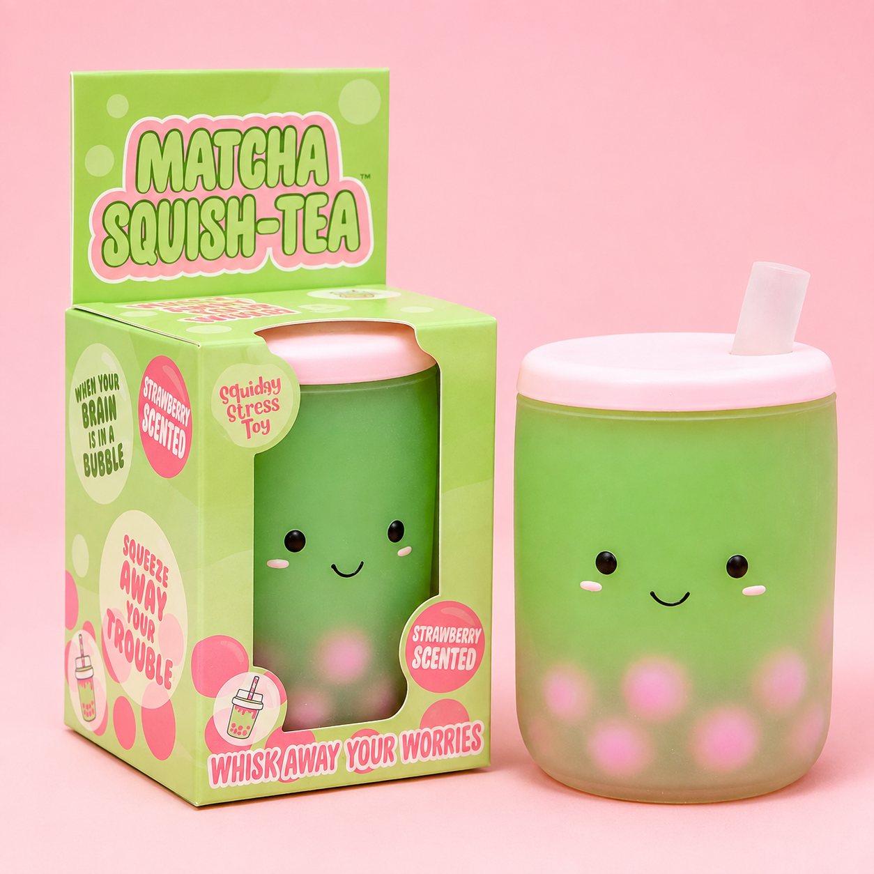 Matcha Squish-Tea Strawberry Scented Boba Squishy Toy