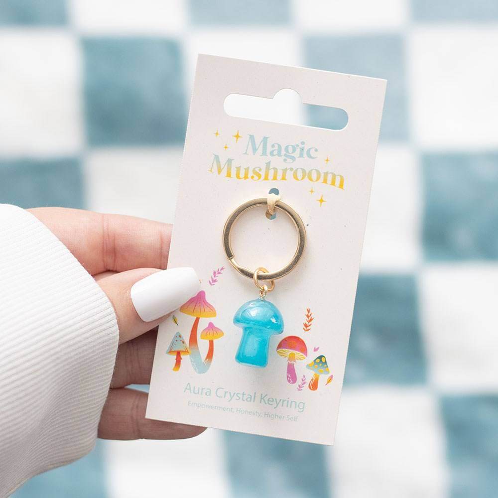 Funky Fungi Aura Crystal Mushroom Keyring, Blue, Orange, Pink Keyrings Funky Fungi Quirky Turkey Gifts