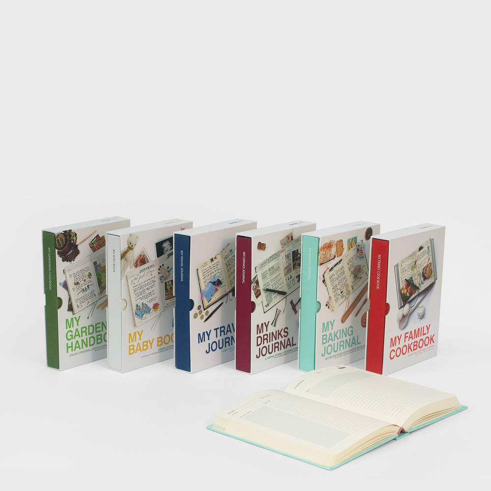 My family cookbook journal among a row of colorful book journals with open pages