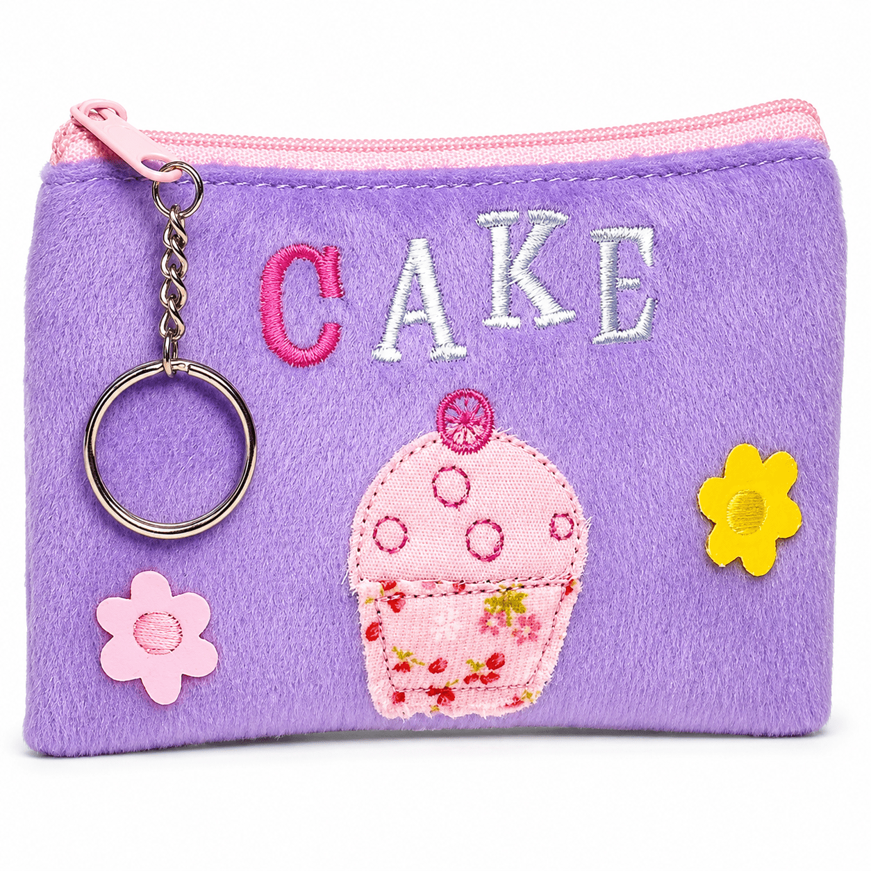 Purple plush coin purse with zipper, keychain ring, cupcake patch and flower charms
