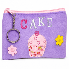 Purple plush coin purse with zipper, keychain ring, cupcake patch and flower charms