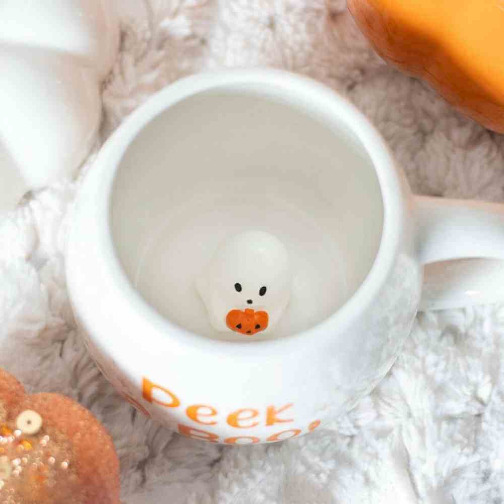 Peekaboo Ghost inside Rounded Mug, Halloween Ghostly Friend Mugs & Cups Spirit of equinox Quirky Turkey Gifts