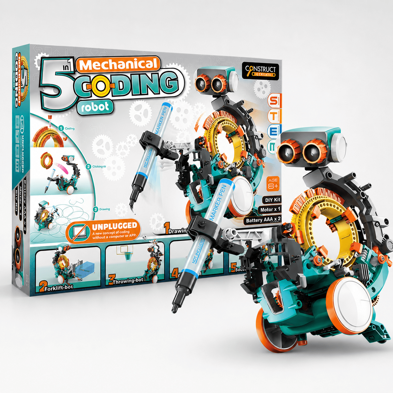 5-in-1 Mechanical Coding Robot STEM Kit | Construct & Create Quirky Turkey Gifts