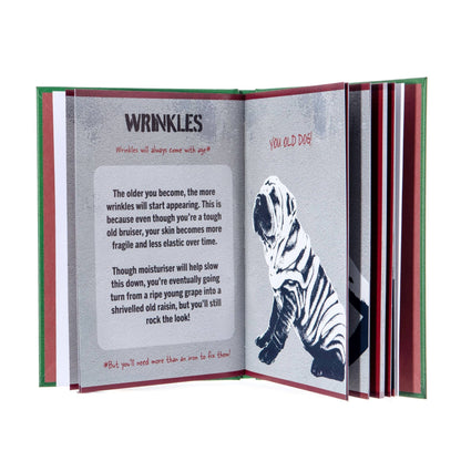 Open book spread with heading “WRINKLES” and a zebra-striped figure illustration