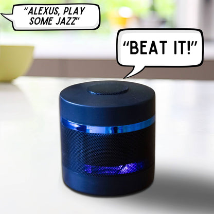 Blue cylindrical Bluetooth speaker with glowing LED band and top grille
